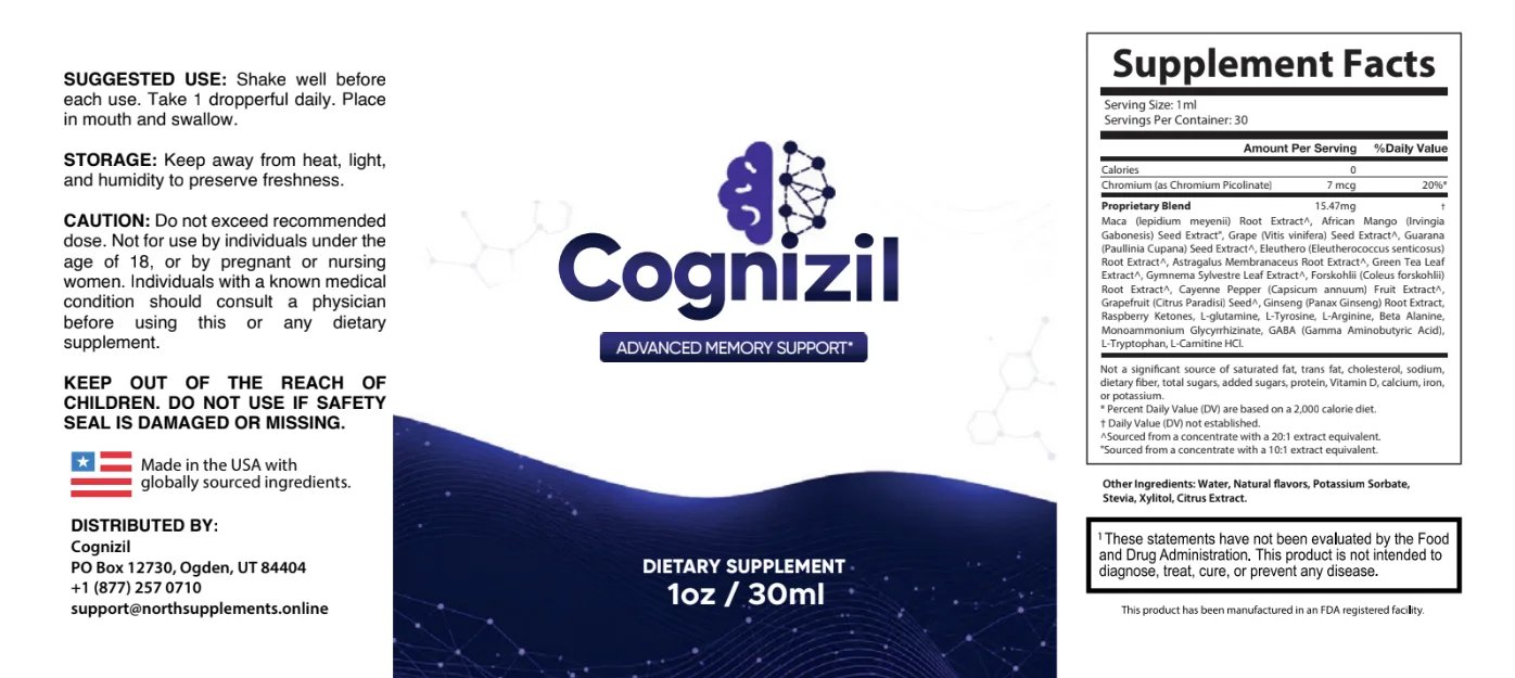The full Cognizil label wrap, showing suggested use, the front panel and the Supplement Facts